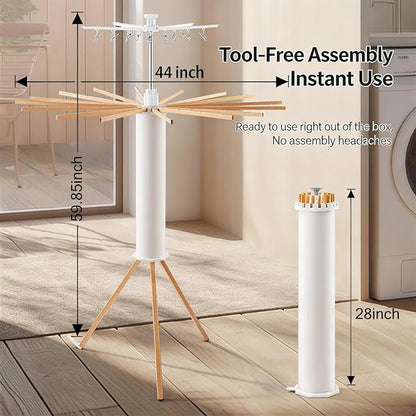 Clothes Drying Rack Tripod, Floor Standing Laundry Drying Rack, Portable & Foldable with 16 Wooden Poles Space-Saving Drying Rack for Laundry, Retractable Collapsible for Balcony Bedroom