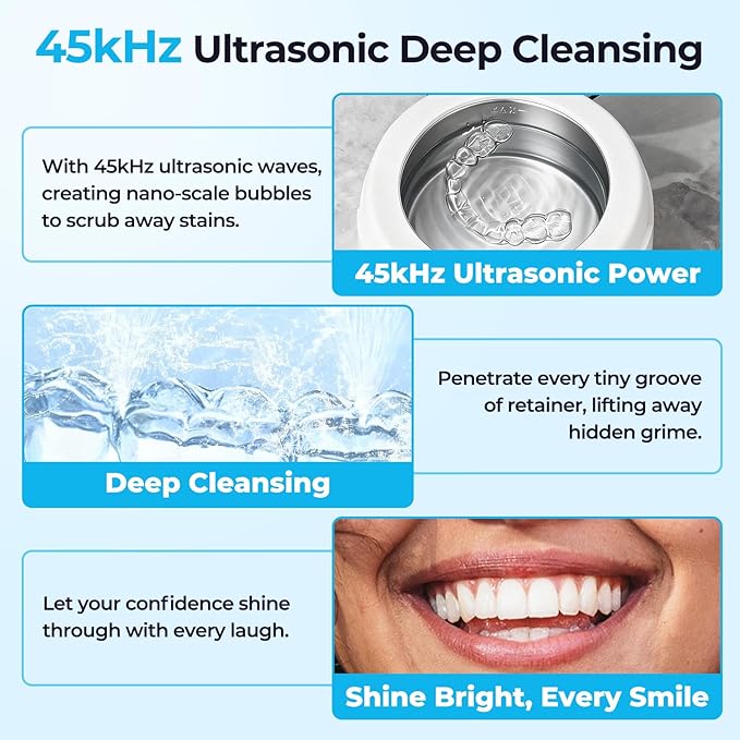 Ultrasonic Retainer Cleaner Machine, Denture Dome for Cleaning Dentures, Mouth Guard, Night Guard, Aligner, Jewelry, 45kHz 250ML UV Ultrasonic Denture cleaner Ultra Sonic Cleaner for Retainers