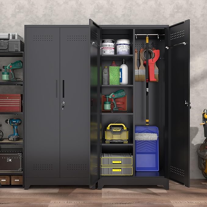 73" H Garage Storage Cabinet,Broom Closet Storage Cabinet with Adjust Shelves,Utility Cabinet,Utility Closet for Garage,Office,Black