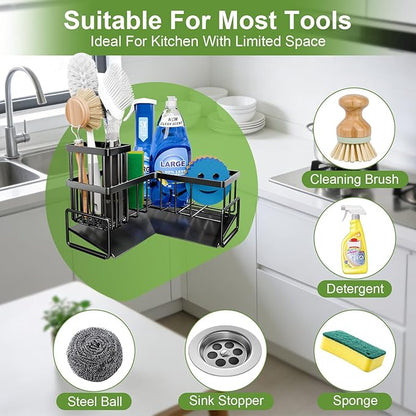 Fikoksol Large Sponge Holder for Kitchen Sink, 90-Degree Sink Caddy Organizer with Dish Brush Holder for Countertop Corner Storage Rack, Metal L-Shaped Kitchen Sink Sponge Soap Organizer Storage Ideas