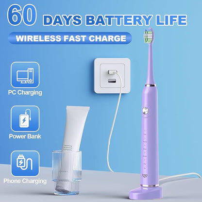 JTF Sonic Electric Toothbrush for Adults: 5 Modes with Smart Timer for Deep Cleaning & Whitening, 2 Brush Head Types for Sensitive Teeth, Gums & Braces, Travel-Friendly Case and Wireless Charging Base