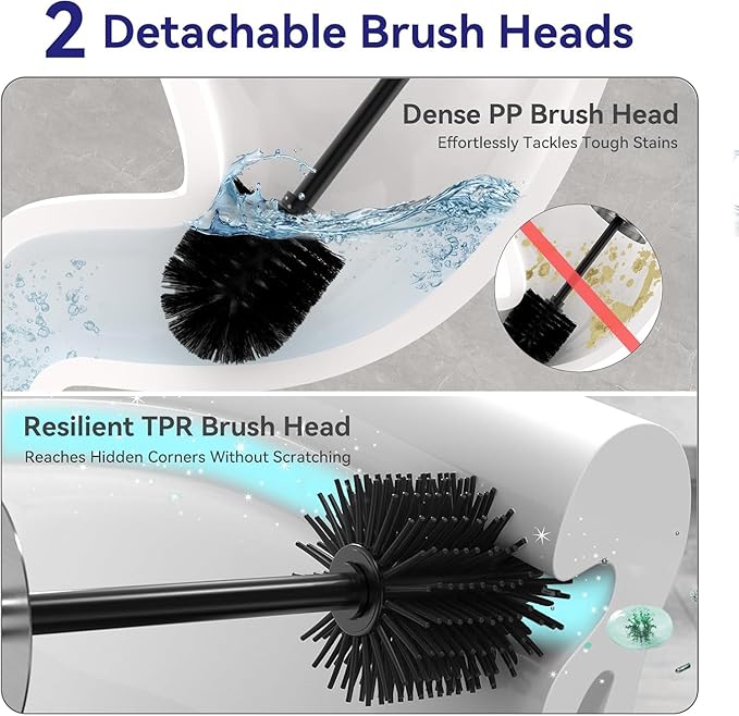 DOWRY Stainless Steel Toilet Bowl Brush and Holder for Bathroom, Deep Cleaning Toilet Brush and Holder Set with Long Handle, Hidden Toilet Bowl Brush with 2 Heads,Modern Decor Nickel Round 2PCS
