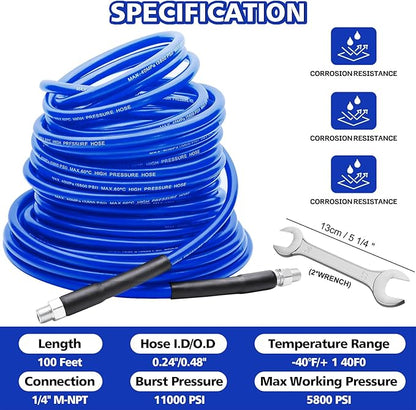 West Bay Sewer Jetter Kit 100 FT for Pressure Washer, 5800 PSI Drain Cleaner Hose 1/4 Inch NPT Corner Rotating and Button Nose Sewer Jetting Nozzle Spanner WatertightTape Pearl Corsage Pin(Blue)
