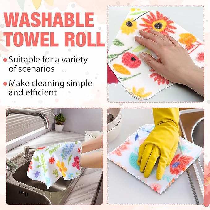 Tegeme 36pcs Floral Reusable Paper Towels Roll 11.81 x 11.81 Inches Washable Paperless Cotton Kitchen Towels Bulk for Kitchen Bathroom