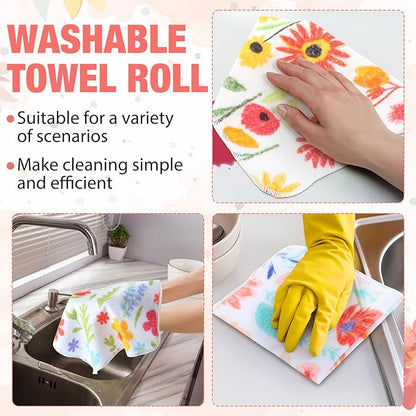 Tegeme 36pcs Floral Reusable Paper Towels Roll 11.81 x 11.81 Inches Washable Paperless Cotton Kitchen Towels Bulk for Kitchen Bathroom