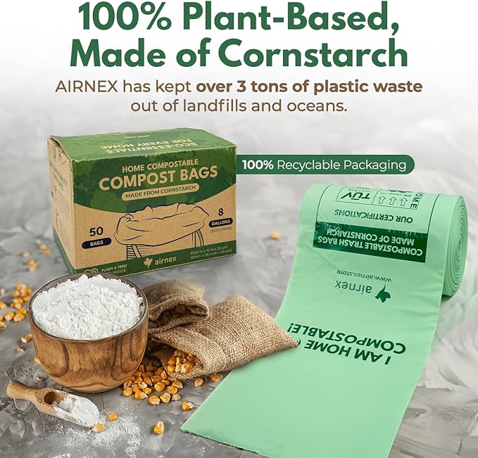 AIRNEX Compostable Kitchen Trash Bags 8 Gal - Cornstrarch Leakproof & Tear Resistant 50 Compost Bags - OK Compost Home & Seedling Certified 0.22 mm Kitchen Garbage Bags