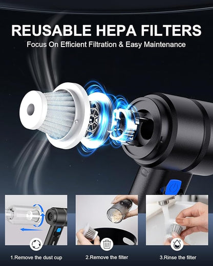 Handheld Car Vacuum Cleaner, 4-in-1 Portable Mini Vacuum with 4 Suction Modes, 21000Pa Cordless Vacuum Cleaner Rechargeable with LED Light, Type-C Charge for Car, Home, Office, Pet Hair, Keyboard