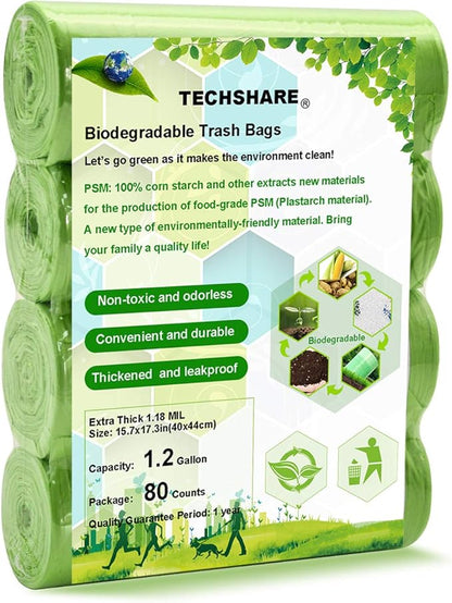 TECHSHARE 1.2 Gallon Biodegradable Trash Bags, 80 Count, Compostable Garbage Bags, 1.5 Gallon Capacity, Green