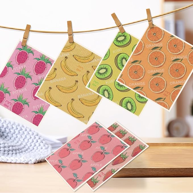 6 Pack Swedish Dishcloths for Kitchen |Watercolor Dish Towels | Reusable Paper Towels Washable | Non-Scratch Cellulose Sponge Cloths | No Odor, Biodegradable, Swedish Cloths, Fruits-2