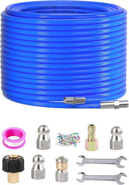 Sewer Jetter Kit for Pressure Washer 100FT, 5800 PSI Water Jet Drain Cleaner Hose 1/4 Inch NPT Corner, Rotating and Button Sewer Jetting Nozzles, Waterproof Tape, Spanners, and Pearl Corsage Pin