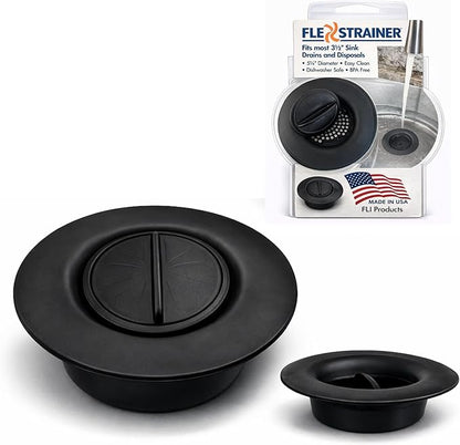 Flex Strainer® Sink Drain Strainer with Optional Stopper – No Center Stem, Fits Standard 3½” Sink Drains & Disposals – Easy Clean, Dishwasher Safe – Made in USA (Black, 1PK)