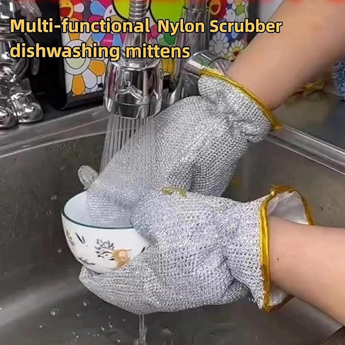 Dishwashing Gloves Nylon Scrubber Cleaning Mittens with PVC Lining & Hanging Strap for Housework Kitchen (Medium)