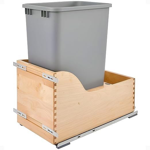 Rev-A-Shelf 50 Qt Bottom Mount Single Pullout Under Cabinet Trash Cans w/Soft-Close for Base Cabinets, Min Opening Width of 12", Metallic Silver, 4WCSC-1550DM-1