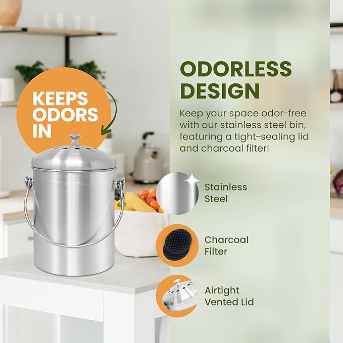 Reli. Countertop Compost Bin with Lid (1.3 Gallon) | Compost Bin Kitchen | 2 Charcoal Filters | Countertop Composting Bucket, Stainless Steel | Food Waste, Composting | Ergonomic Handle, Odorless
