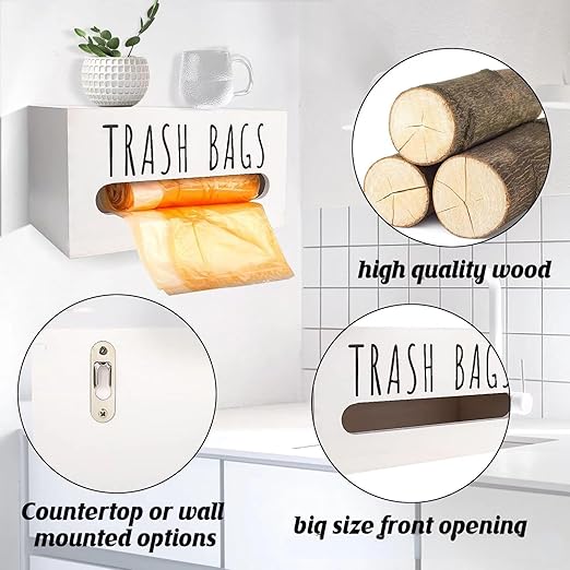 Trash Bag Dispenser, Wall Mount Trash Bags Holder Dispenser with Lid Wooden Kitchen Trash Bag Roll Organizer Plastic Garbage Bag Storage for Cabinet. (White)