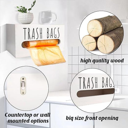 Trash Bag Dispenser, Wall Mount Trash Bags Holder Dispenser with Lid Wooden Kitchen Trash Bag Roll Organizer Plastic Garbage Bag Storage for Cabinet. (White)