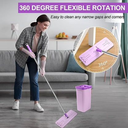 BOSHENG Mop and Bucket with Wringer Set, Hands Free Flat Floor Mop and Bucket, 5 Washable Microfiber Pads Included, Wet and Dry Use, Home Floor Cleaning System for All Floor Types and Windows,Purple