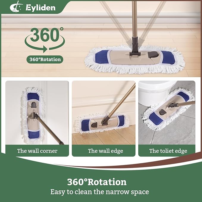 Eyliden Dust Mop with Reusable Washable Pads - One-Touch Pad Release, Height Adjustable Handle, Total 2 Mop Cloths, Wet Dry Mops for Floor Cleaning, Hardwood, Laminate, Tile Floor Push Dust Broom