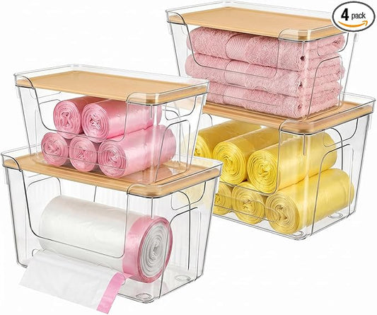 CANTAMI 4 Pack Trash Bag Dispenser With Lid, Stackable Plastic Trash Bag Holder, Clear Trash Bag Organizer for Kitchen, Laundry Room, Under Sink Organization and Storage