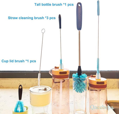 5-in-1 Tumbler Brush Cleaner Set, Cleaning Brush Washing Straw Tube lab Cleaning with Long Handle, for Water Bottle Brush Washing Coffee Mug Kettle Decanter Pipes lids Sinks Cap Covers