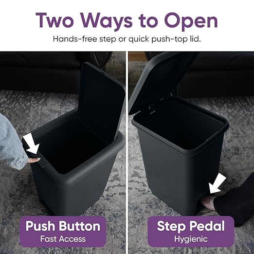 Superio 6.5L, 10L and 45L Slim Step & Push Trash Cans - 3 Pack, Dual Opening, Smooth Matte Finish, Durable Plastic - Black