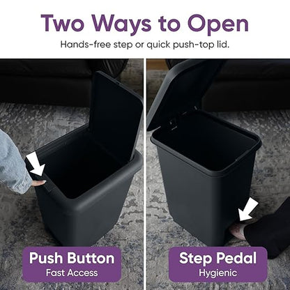 Superio 6.5L, 10L and 45L Slim Step & Push Trash Cans - 3 Pack, Dual Opening, Smooth Matte Finish, Durable Plastic - Black
