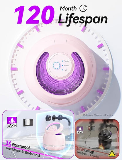 Beser Ultrasonic Retainer Cleaner, 2X Clean, 4X Sterilize, Dental Retainer Cleaner Machine Pod for Aligner, Nightguard, Mouth Guard, Denture Cleaner, Oral Dental Care, IPX6, 200ML, Pink