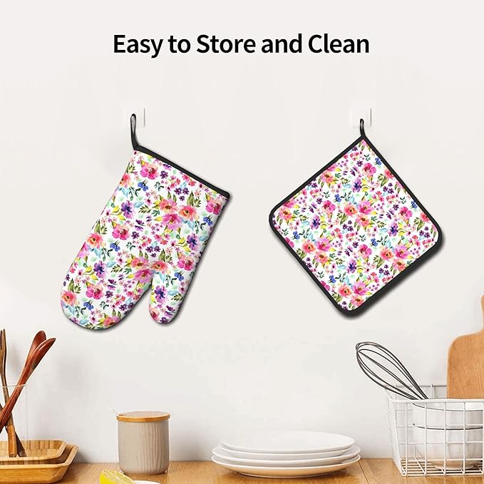 Floral Oven Mitts and Pot Holders Sets Spring Summer Kitchen Mitts Colorful Blossom Potholders 2PCS Wildflower Oven Gloves Hot Pads for Kitchen Baking Cooking