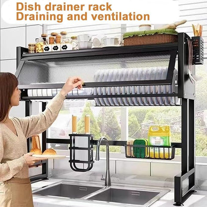 Verida Over the Sink Dish Drying Rack 3 Tier, Over Sink Dish Drain Drying Rack for Kitchen Storage of Dishes and Cutlery, Space Saving Dish Rack with Cover, Black