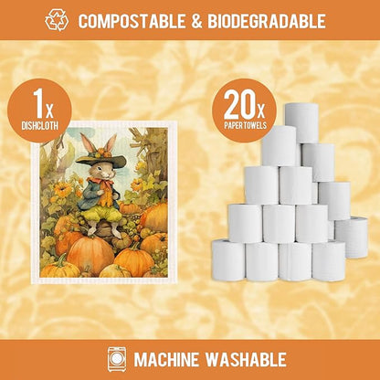 Fall Pumpkin Swedish Dishcloths for Kitchen 6 Pack Bunny Autumn Cellulose Sponge Cloths Non Scratch Reusable Paper Towels No Odor, Biodegradable and Reusable Kitchen Dish Rags