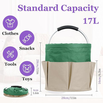 17L Caddy Organizer with Handle, Foldable Cleaning Supplies Caddy with 6 Pockets, 600D Oxford Cloth Tool Bag, Storage Organizer for Camping, Car Tool Storage, Gardening, Khaki with Green