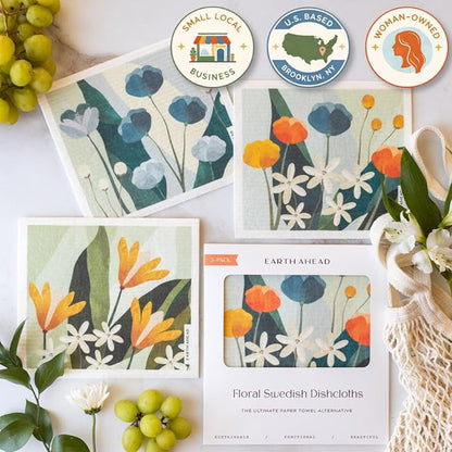 Swedish Dishcloths – Classic Botanical Floral Designs – Reusable Compostable Cellulose Sponge Cloth – Eco-Friendly Paper Towel Alternative 3 Pack