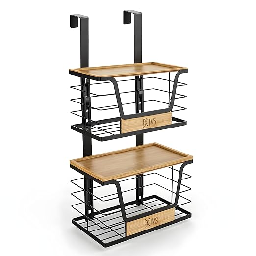 Over-the-Door Trash Bag Holder, Organizer and Dispenser, Stackable 2-Baskets with Heavy-Duty Hooks, 22 lbs Capacity, Carbon Steel, Bonus Adhesive Mounts, Multiuse Kitchen and Home Organizer