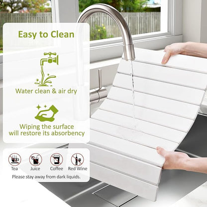 Large Stone Dish Drying Mat for Kitchen Counter, 24"(L)×16"(W), Collapsible Quick Dry Stone Dish Mats, Super Absorbent Diatomaceous Earth Drying Pad for Dishes Bottles Cups, Any Countertop (Beige)