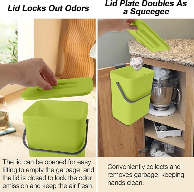 1.3 Gallon/5L Compost bin Kitchen, for use on countertops or Under Sinks, Hanging Trash can with lid, for Cupboard/Bathroom/Bedroom/Office/Camping, Mountable Indoor Compost Bucket(Green)