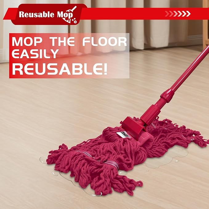 Heavy Duty Commercial String Mop Heads, 3 Pack Cotton Red Mop Head Replacement, Machine Washable Industrial Mop Head Refills for Janitorial, Restaurant, Warehouse & Office Floor Cleaning