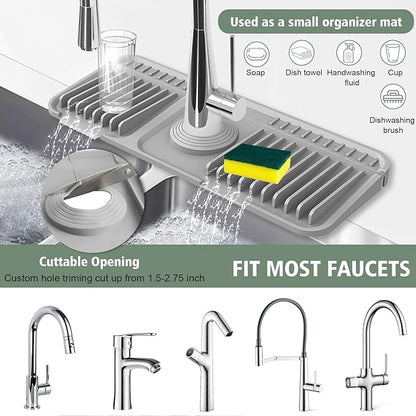 14.6-Inch Kitchen Sink Splash Guard Mat | 7° Slope for Fast Self-Draining | Snap-Lock Design | Universal & Cuttable Silicone Faucet Mat GRAY