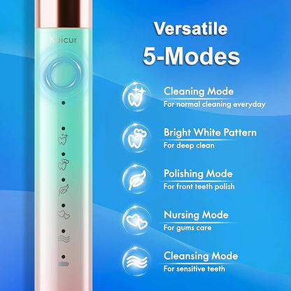 Kuicur Portable Electric Soft Toothbrush with Travel Case, 90-Day Largest Battery Life, 10 Brush Heads, 5 Modes Deep Clean, Ergonomically-Designed for Enhanced Comfort - Ideal Gift for Adults & Kids