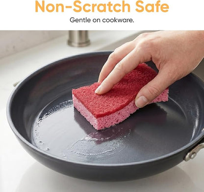 Superio Non-Scratch Cellulose Sponge Kitchen Scrub Sponges with Scouring Pad Set, Good for Non-Stick Cookware Frying Pan, Pot, Counter Top, Sink Scrubbing, Kitchen Scrubbers, Pack of 3, RedPink