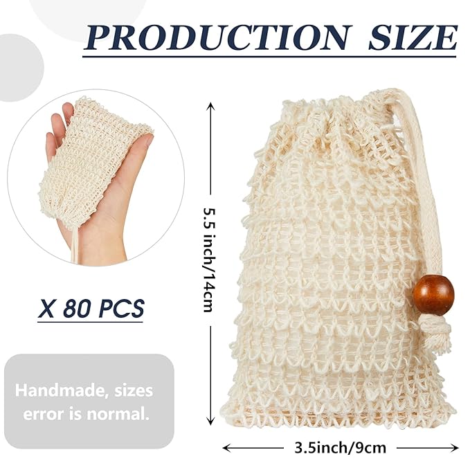 Cunhill 80 Pack Soap Saver Bag Exfoliating Soap Pouch with Drawstring Bar Wooden Bead Foaming and Drying Exfoliating Net for Bath and Shower (3.5x5.5 Inch)