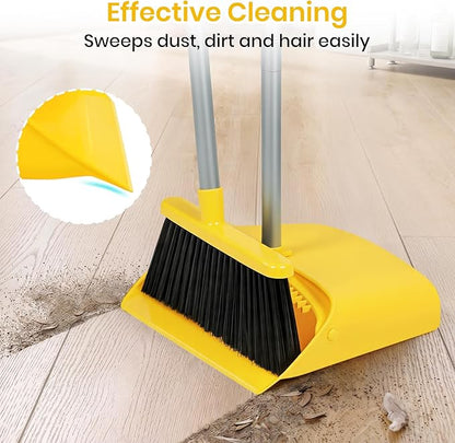 Stand Up Dustpan and Broom Set 50” Long Handle Broom with Dust Pan, with Self Cleaning Combe for Ergonomic Home Office Classroom Indoor Sweeping