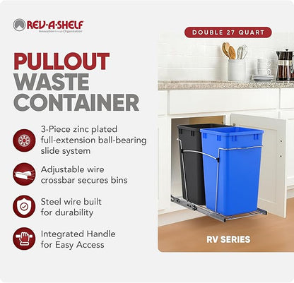 Rev-A-Shelf Double 27 Qt Pullout Trash Can for Base Kitchen Cabinets, Garbage Waste & Recycling Bin System with Full Extension Slides, Min Opening Width of 11.5", Blue/Black, RV-15KD-2218C-S