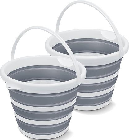 Goderewild 2 Pack Collapsible Bucket, 2.6 Gallon (10L) - Foldable Mop Bucket for House Cleaning, Car Washing, Camping - Portable Water Pail for Outdoor, RV, Travel (Grey, Round)
