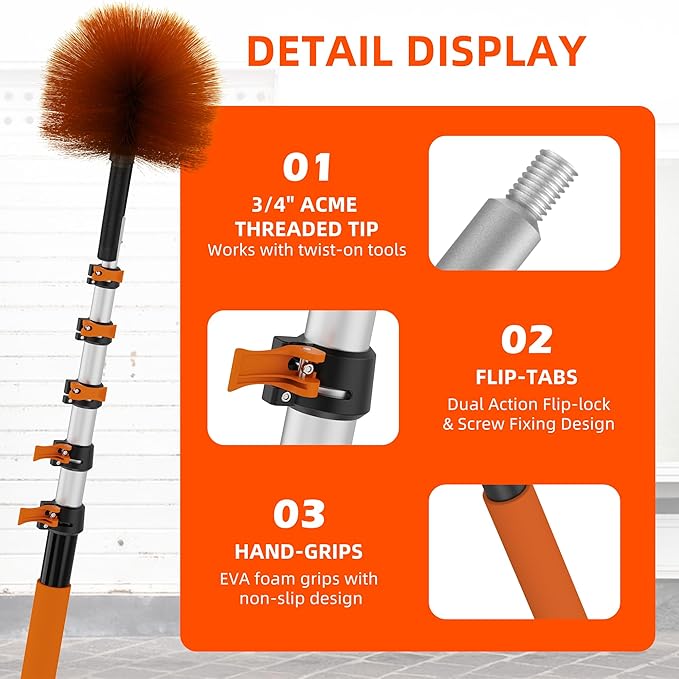 35 FT Reach Cobweb Duster with 5-29FT Telescoping Pole, Dual Action Flip-Lock & Screw Fixing Design, Washable Reusable Duster for High Ceilings, Fans & Home Cleaning
