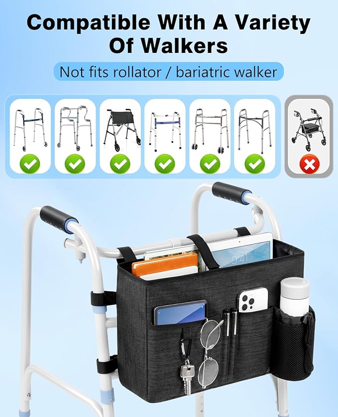 Rhino Valley Walker Bag, Secure Fit Walker Basket with Cup Holder, Large Capacity Foldable Walker Accessories for Seniors, Detachable Folding Walker Pouch Organizer for Older Elderly Gifts, Black