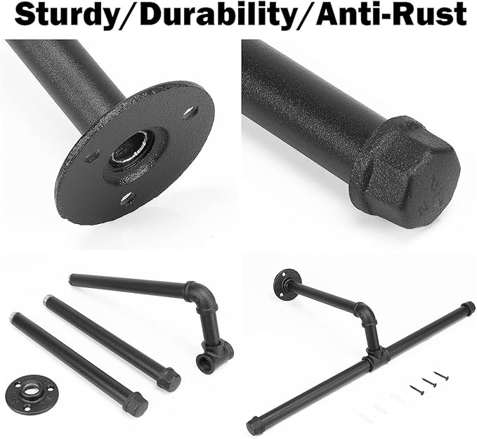 Industrial Pipe Clothes Rack Wall-Mounted, Multi-purpose Rustic Vintage Hanging Rod for Space-Saving Storage in Bedroom, Bathroom, and Laundry Room, 2 Pack Black
