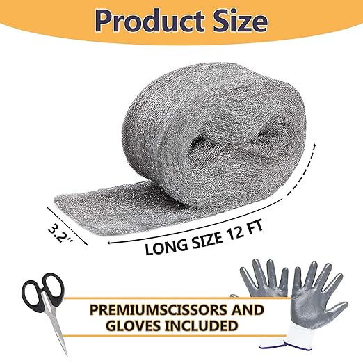 Steel Wool for Mice Control, 3.2" x12 ft Wool, Gap Filler for Home & Garage, DIY Bundle with Gloves & Scissors - 4 Pack