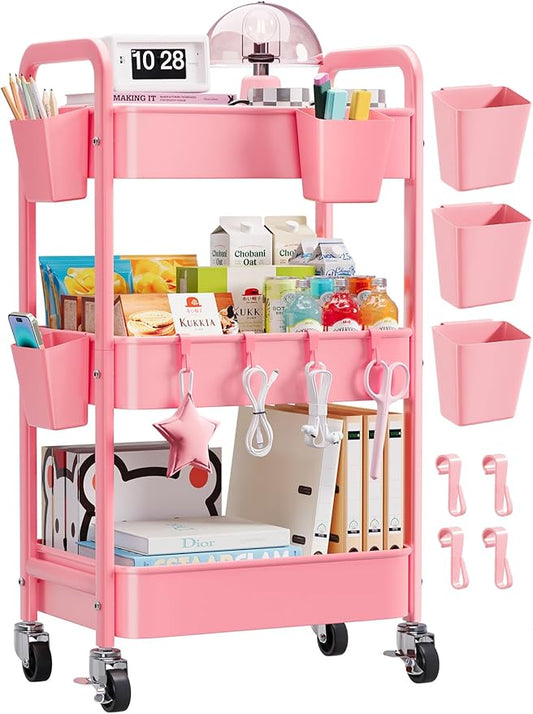 3 Tier Pink Rolling Cart with Lockable Wheels, Metal Utility Carts Organizer on Wheels for Kitchen, Nursery, Snack, Bedside Cart for Baby Essentials, Easy Assemble Mobile Storage Roller Trolley