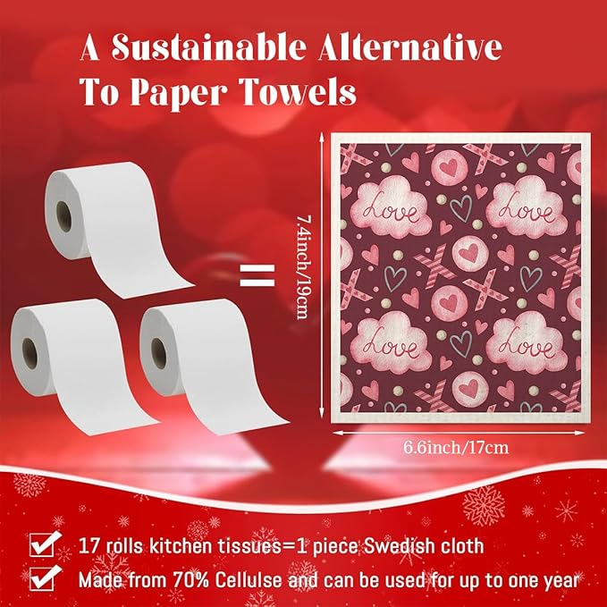 Swedish Dishcloths for Kitchen | 6 Pack Floral Reusable Paper Towels Washable | Swedish Dish Towels | Non-Scratch Cellulose Sponge Cloths | No Odor, Biodegradable Cleaning Cloths, Valentine's Day 1
