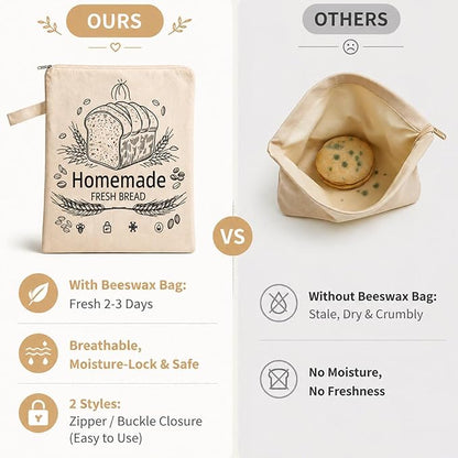 Beeswax Bread Bags, Bread Bags for Homemade Bread, Bees Wax Bread Bag, Reusable & Eco-Friendly,100% Natural Beeswax & Cotton, Long-Lasting Freshness,Airtight & Freezer-Friendly Food Storage